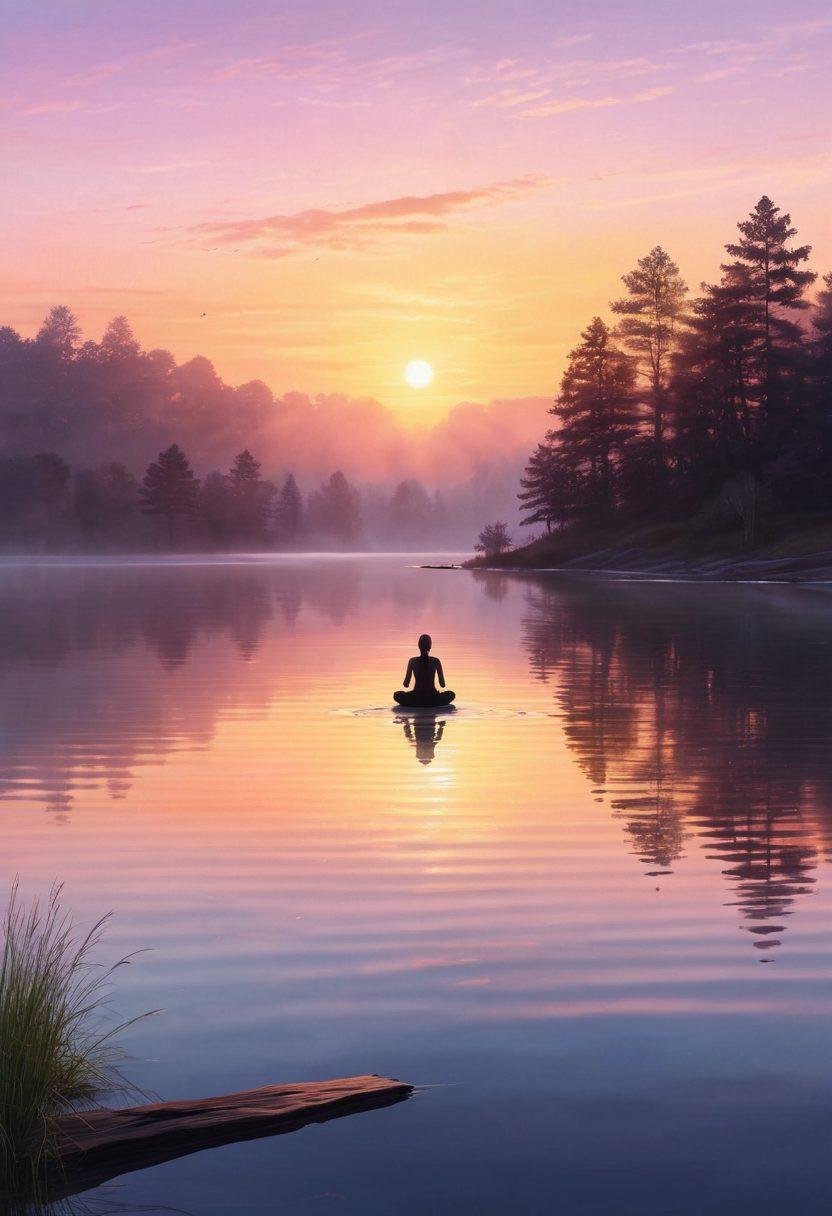 A serene landscape featuring a sunrise over a tranquil lake, symbolizing new beginnings and personal growth. Silhouettes of people practicing yoga or meditation on the shore, radiating peace and happiness. Gentle ripples in the water reflecting soft pastel colors of the sky. Add soft, glowing light effects to evoke a sense of elevation and joy. super-realistic. vibrant colors. 3D.