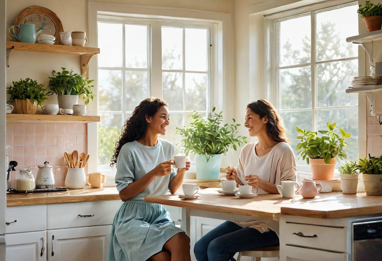 A serene morning scene showcasing a smiling individual enjoying a cup of tea in a sunlit kitchen, surrounded by elements representing productivity like a planner, plants, and cozy decor. Include soft pastel colors to convey tranquility and happiness, with light streaming through a window to symbolize new beginnings. super-realistic. vibrant colors.