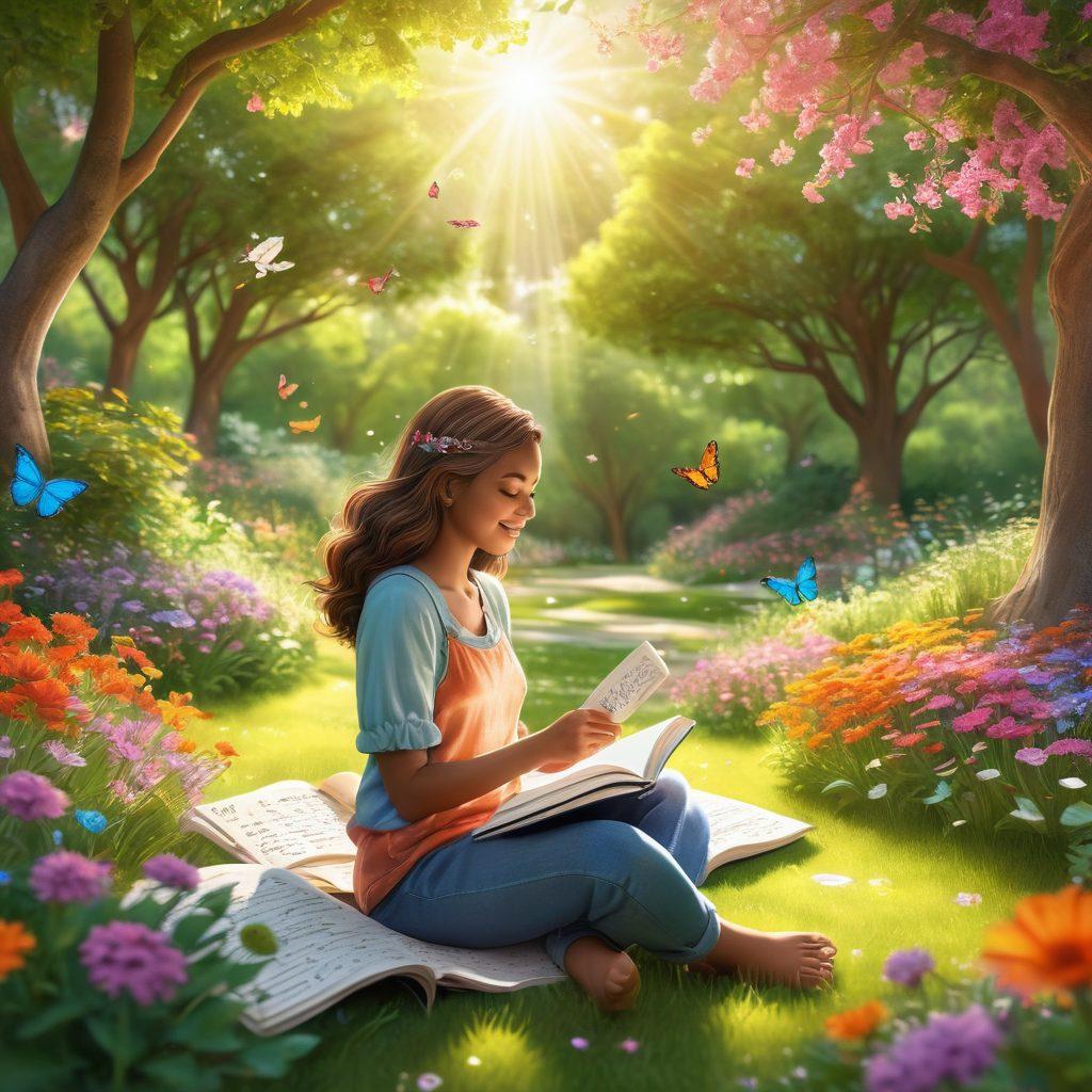 A cheerful person sitting in a serene park, surrounded by blooming flowers and lush greenery, holding a journal open with colorful doodles and motivational quotes. Sunlight filters through the trees, casting warm glows, while butterflies flit about, embodying joy and contentment. The atmosphere is vibrant, inviting, and inspiring. super-realistic. vibrant colors. 3D.